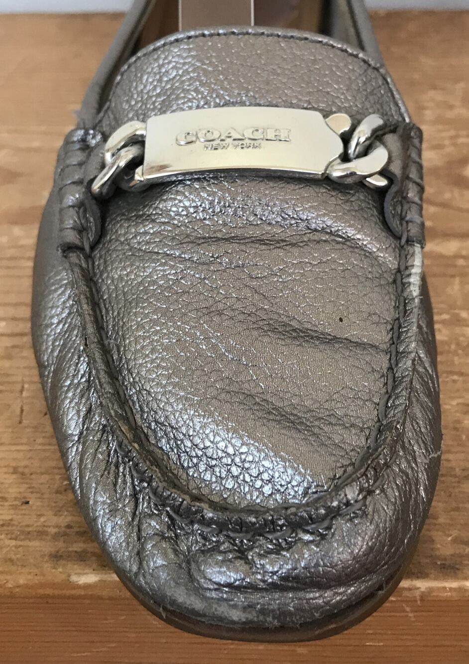 Coach Olive Metallic Gray Leather Flats Driving Moccasins Loafers 8.5B 38.5